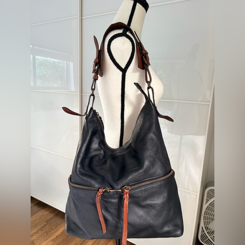 Cynthia Rowley Black Pebbled Leather Hobo Shoulder Bag with Brown Accents EUC
